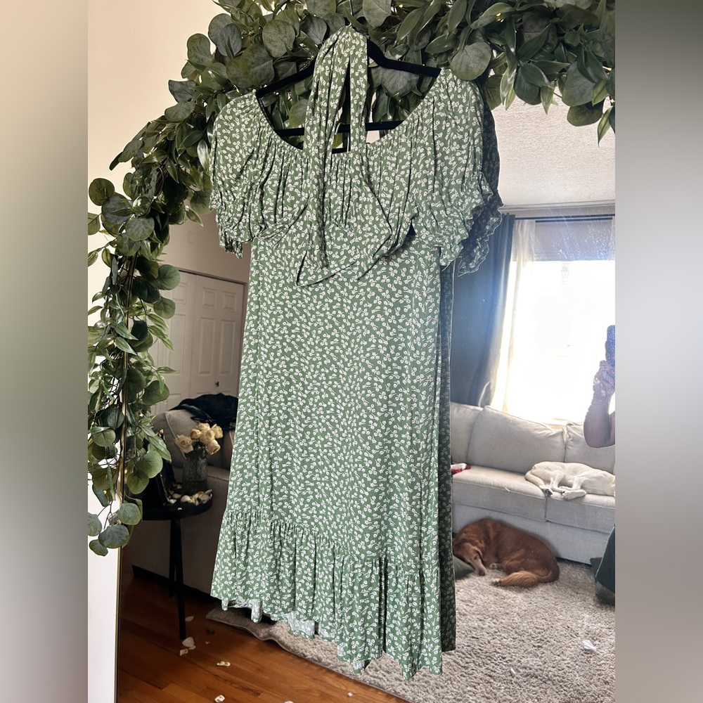 Green Floral Ruffle Midi skirt with matching top
